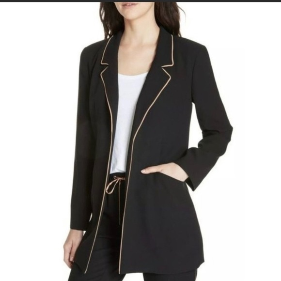 Eileen Fisher Silk Georgette Crepe Long Piped Trim Jacket Blazer/Pant Set - Picture 1 of 12